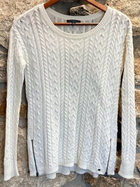 Women's Lightweight White Cable Knit Sweater Zip Side Accents sz M